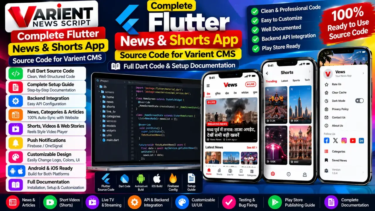 Varient CMS के लिए कम्प्लीट Flutter News & Shorts App सोर्स कोड – फुल डार्ट कोड और सेटअप गाइड