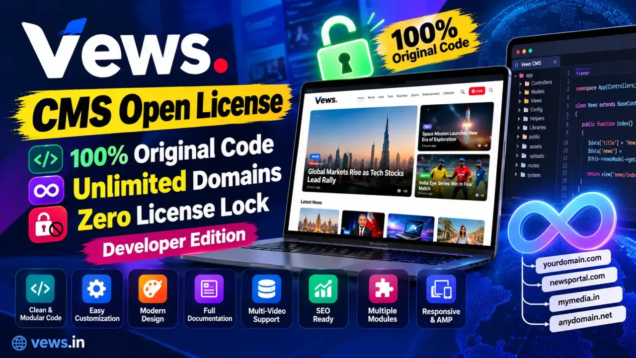 Vews CMS ओपन डेवलपर लाइसेंस – 100% ओरिजिनल कोड, अनलिमिटेड डोमेन, नो लाइसेंस लॉक